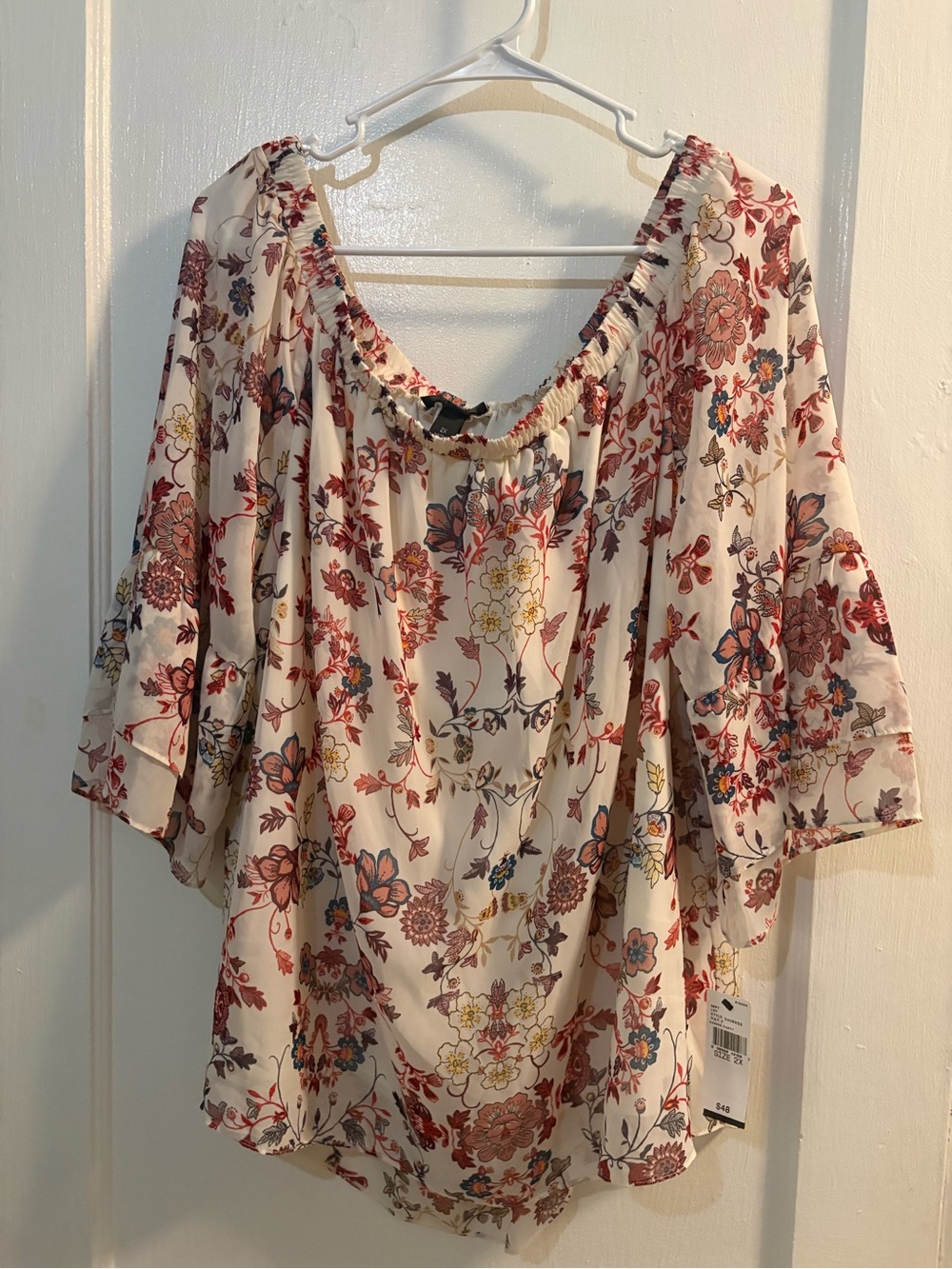 Alyx Cream Floral Off-Shoulder Tunic with Rust and Blue Accents